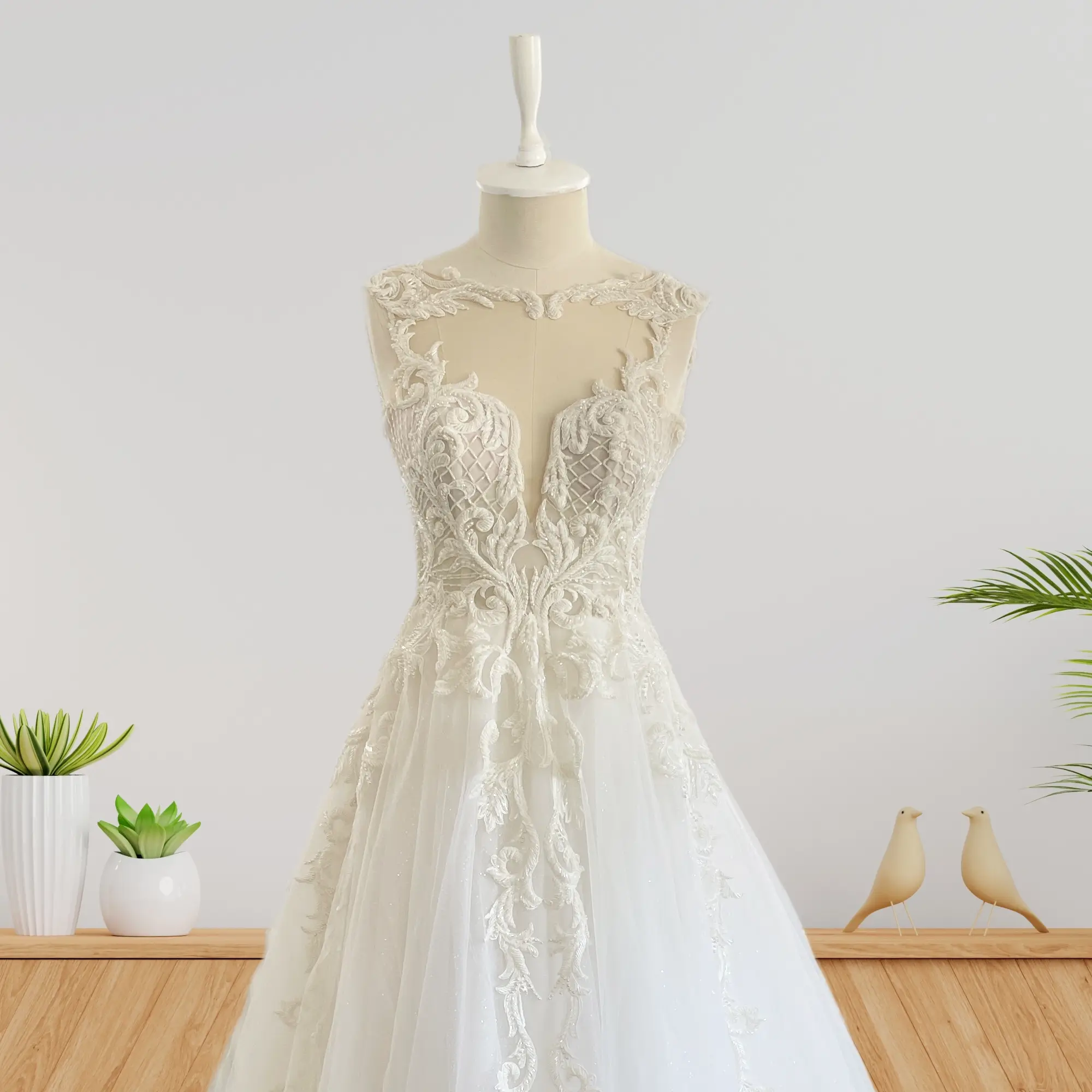 Handmade Bridal Gown with Delicate Lace and Tulle Features